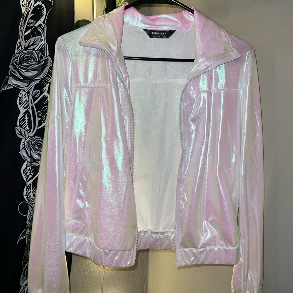 Allegra K Shimmering Iridescent Bomber Jacket
